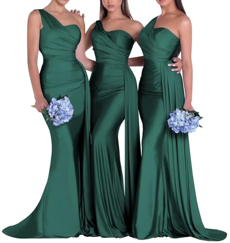 Image of One Shoulder Bridesmaid Dresses for Wedding Long Satin Bodycon Prom Dress Mermaid Formal Evening Gowns