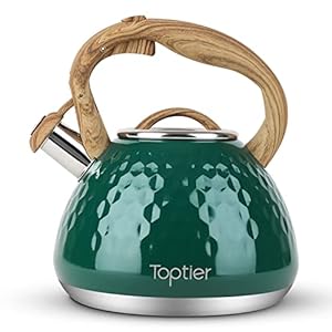 Tea Kettle, Toptier Teapot Whistling Kettle with Wood Pattern Handle Loud Whistle, Food Grade Stainless Steel Tea Pot for Stovetops Induction Diamond Design Water Kettle, 2.7-Quart Dark Green