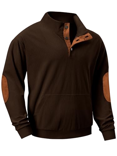 JMIERR Mens Warm Corduroy Sweatshirt Casual Stand Collar Quarter Fall Metal Button Pullover Sweaters Long Sleeve with Pockets
