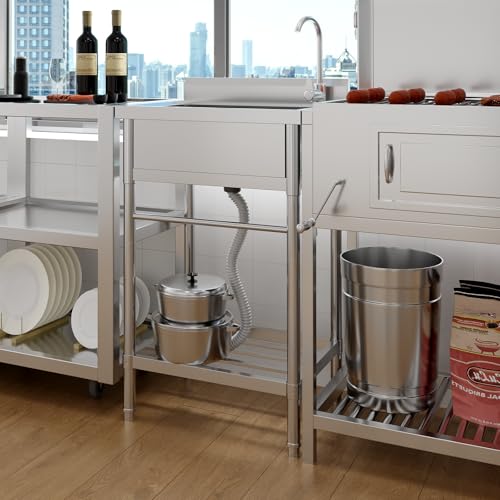 Hipicute 24 Inch Free Standing Sink, Single Bowl Stainless Steel Utility Sink with Cold/Hot Water Pipe, Storage Rack, Faucet and Adjustable Legs, for Laundry Room, Kitchen, Garage, Outdoor Use, NSF