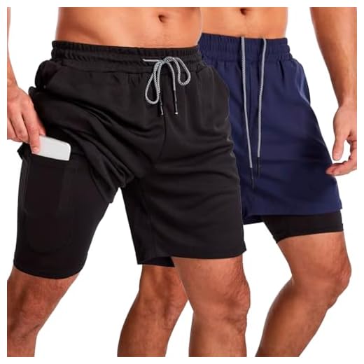 Kit 2 Short Masculino Academia 2 em 1 Bermuda Dry Fit Corrida Treino com Bolso Celular INSIDE SPORTS (BR, Alfa, G, Regular, Regular, Preto/Marinho)