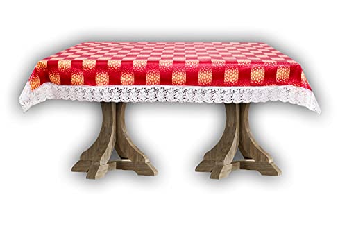 Image of The Furnishing Tree Waterproof PVC Rectangle Shaped 6 Seater Table Cover WxL 60x90 inches Gingham Pattern Red with White Border lace