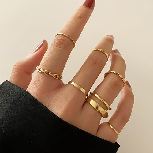 7 Pcs Dainty 14K Gold Rings for Women Knuckle Engagement Rings Set Non Tarnish Stacking Vintage Trendy Thin Bands Birthday Jewelry