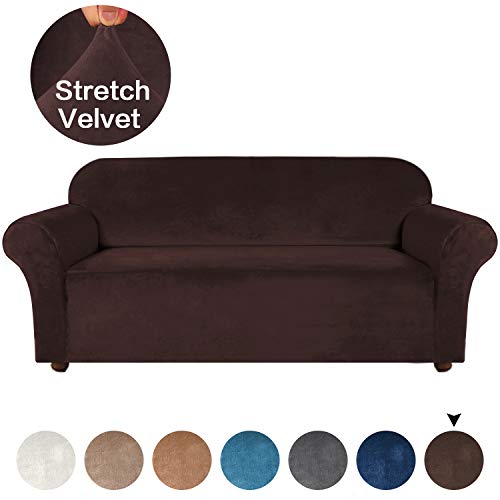 Turquoize Thick Velvet Stretch Couch Covers for 3 Cushion Couch Sofa Covers for Living Room Sofa Slipcovers Furniture Covers with Non Slip 2 Straps, Soft Spandex Fabric Washable (Sofa, Taupe)