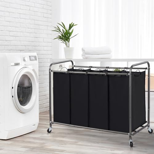 Image of STORAGE MANIAC Laundry Sorter 4 Section, 47.5 Gal (180 L) Laundry Hamper with Wheels, Clothes Divider Basket Sorter, Separator Hamper Cart with Removable Bags, Black