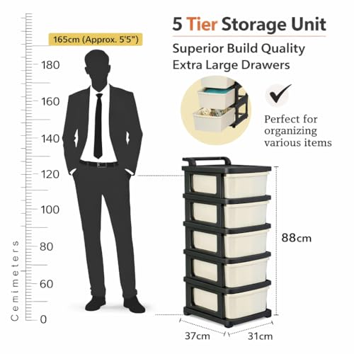 Image of KITCHIVO Heavy Duty Plastic Storage Drawer with Wheels | Modular Cabinet for Bedroom, Office, Home or Classroom| Chest of Drawers Organiser for Cosmetics, Kitchen items, Toys (Black & Ivory, 5)