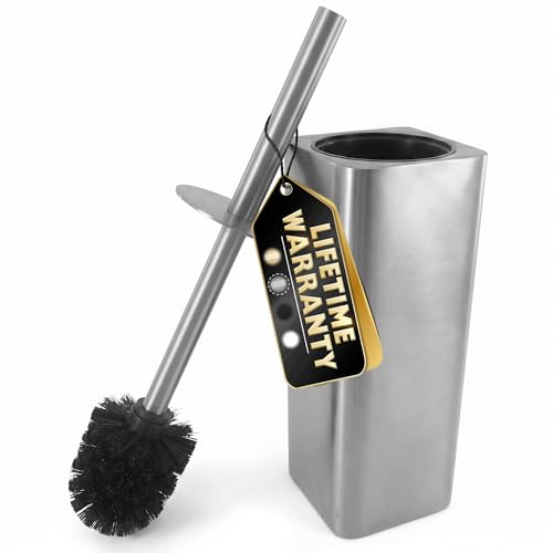 Image of Silver Toilet Brush and Holder Set - Upgrade Your Bathroom in Seconds - Stainless Steel Toilet Bowl Brush and Holder with 2 Rounded Corners, Replaceable Head, Removable Inner Bowl & Splash Guard Cover