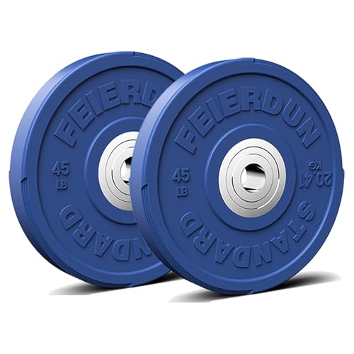 Image of FEIERDUN Color Bumper Plate Set, 2-Inch Olympic Weight Plates, Low Bounce Rubber Barbell Plates with Stainless Steel Insert for Weightlifting, Strength Training, CrossFit & Home Gym, 10LB-370LB