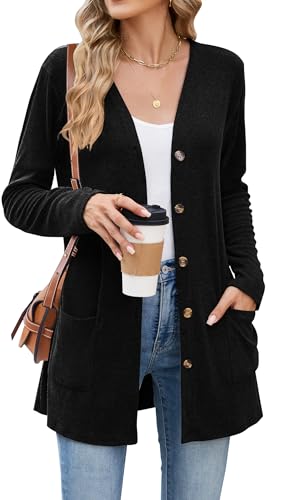 Halife Women's Lightweight Cardigans Button Down Casual Soft Long Cardigan With Pockets