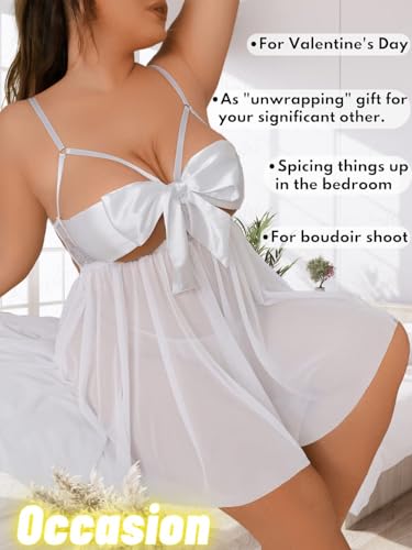 Image of SSoShHub Women Babydoll Lingerie Plus Size Net Chemise Front Ribbon Halter Nightwear Teddy Nightgown Babydoll Lingerie Female Wedding Nightgown bodybikini