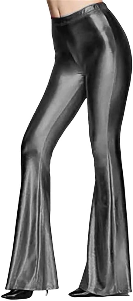 Women's Metallic Flared Pants Bell Bottom Trousers Wide Leg Ruffle Vintage Disco Club Stage Performance Wear