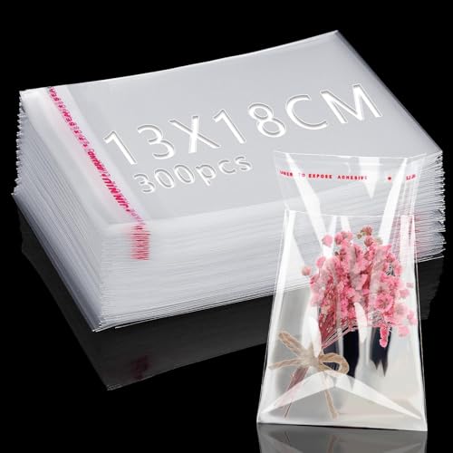 300 Pièces Sachet Cellophane Transparent 18x13cm Adhésif pour Bonbons, Bijoux, Chocolats - Emballage Plastique OPP pour Cadeaux de Noël