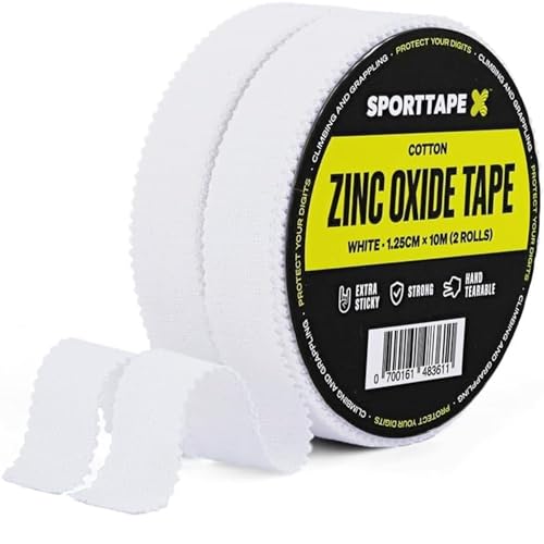 SPORTTAPE 2 Rolls (20m) Zinc Oxide Finger Tape - 1.25cm Wide - White | Sports Tape for Climbing BJJ Rugby Weightlifting & Injury Strapping | Strong Adhesive Athletic Joint Support Blisters & Toe