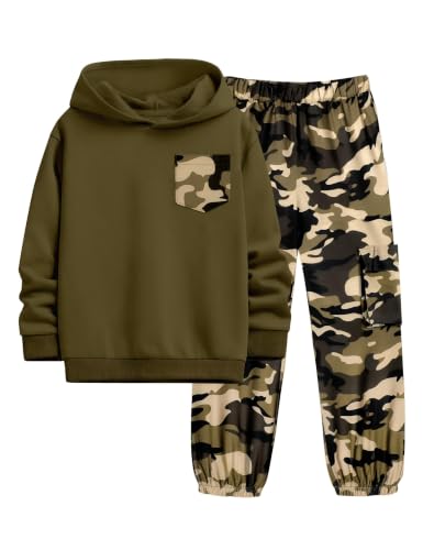 Image of KANGKANG Boys Clothes Two Piece Long Sleeve Hooded Sweatshirt Top Camouflage Sweatpants Fall Outfits Winter Clothes Set 6-16Y