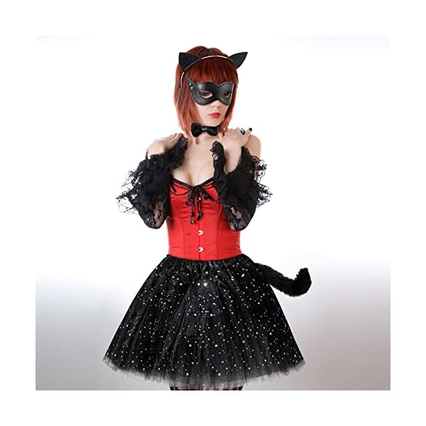Chalyna 5 pcs black cat costume set girls cat costume long fur cat tail cat ears headband cat tail cat bow harlequin mask with black star tutu skirt for halloween costume dress up party - image 6