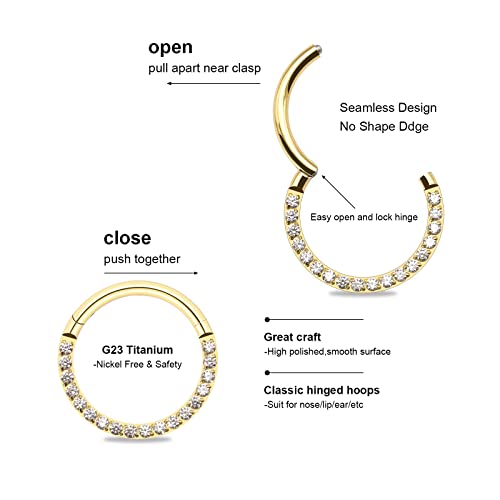 Blisi G23 Titanium Septum Clicker 16G Gold Hinged Nose Hoop Segment Rings 10Mm Cubic Zirconia Cartilage Earrings Conch Daith Helix Rook Tragus Ear Body Piercing Jewelry #TOP3