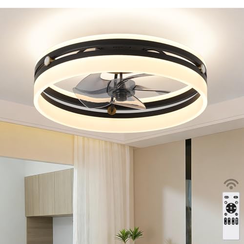 JUSHENG 20" Black Ceiling Fan with Lights and Remote, Low Profile Flush Mount Ceiling Fan with Light, Modern Frosted Acrylic Fandelier with Up and Down Lighting, 3CCT Dimmable Fan for Bedroom by JUSHENG - Used condition - US$77.05