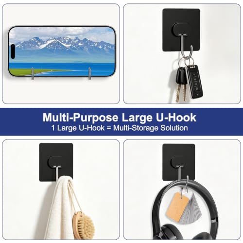 Image of Adhesive Wall Hooks No Drill Large Black Heavy Duty,13LB Sticky 12 Pack | Large Waterproof Black Sticky Hooks for Hanging,13lbs Max Load No Damage, Ideal for Towel,Coat,Bathroom,Kitchen,Home