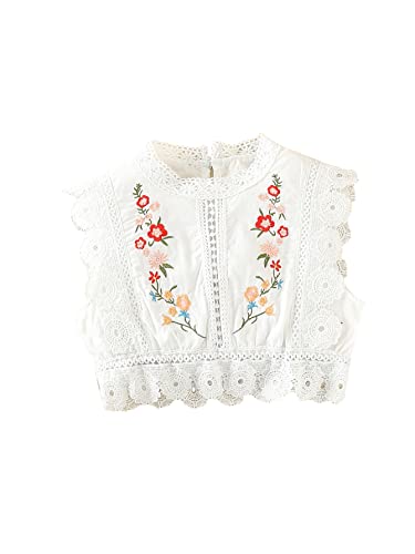 Wdirara Girl's Floral Embroidery Guipure Lace Mock Neck Sleeveless Blouse Top White 140 #TOP4