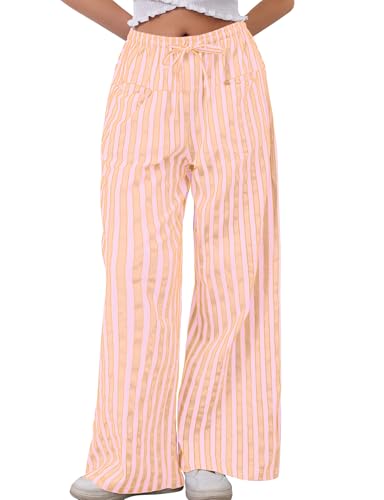 MISSACTIVER Women Drawstring Striped Pants Loose Wide Leg Trousers Casual Low Waist Pants Comfy Lounge Pants with Pockets Pink