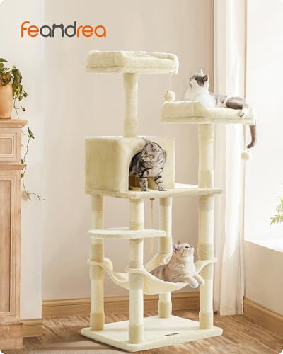 Feandrea Kratzbaum, 143 cm hoch, Katzenbaum mit 11 Kratzsäulen, 2 Plattformen, 1 Katzenhöhle, 1 Hängematte, 2 Plüschbällen, Plüsch, mehrstöckiges Design, beige PCT15BE
