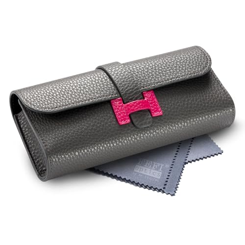 FEFI - Hardcase Softcase etui na okulary o atrakcyjnym wyglądzie skóry z zapięciem wtykowym - w zestawie ściereczka do czyszczenia okularów, szary, M