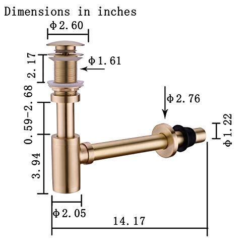 GORDEE Bathroom Sink Stopper P-Trap Complete Set Adjustable 1-1/4 Bottle Trap Solid Brass Sink Drain Kit Tube and Pop Up Drain Stopper Set without Overflow, Brushed Gold