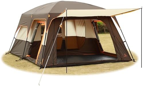 KTT Extra Large Tent 12 Person,Family Cabin Tents,2 Rooms,3 Doors and 3 Windows with Mesh,Straight Wall,Waterproof,Double Layer,Big Tent for Outdoor,Picnic,Camping,Family Gathering(Brown)