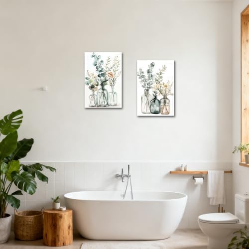 CXHOSTENT 2PCS Eucalyptus Wall Art Bathroom Floral Picture Watercolor Botanical Paintings Glass Vases Canvas Print Sage Green Leaves Poster Rustic Kitchen Decor Framed (White, 11x14inchx2 Pieces) - 2
