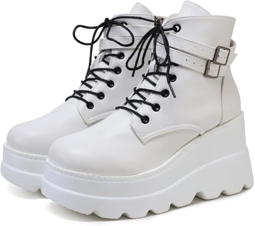 Image of Womens Goth Platform Boots Chunky High Heel Booties Round Toe Combat Ankle Boots Womens Lace Up Motorcycle Wedges Shoes
