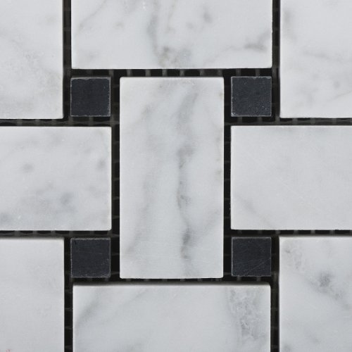 Bianco Carrara White Marble Honed Basketweave Mosaic Tile With Black Dots - 6" X 6" Sample #TOP1