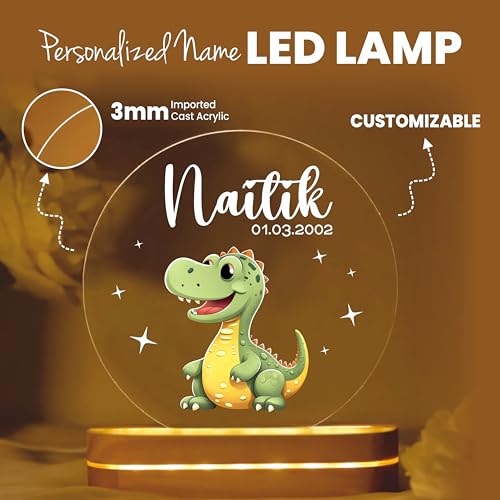 Image of PRINTHUA Plastic Personalized LED Night Table Lamp with Custom Name,Unique Gift for Women,Men,Kids,Girlfriend,Boyfriend,Husband,Wife|Birthdays,& Special Occasions (Cute Dinosaur),Multicolour