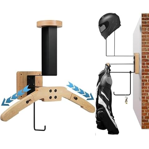 Aumotop Helmet Holder, Retractable Motorcycle Helmet Rack Wall Mount Solid Wood Heavy Duty Steel Helmet Wall Mount for Motorcycle/Football/Cycling Skiing/Tactical Gear Wall Hanger Cover