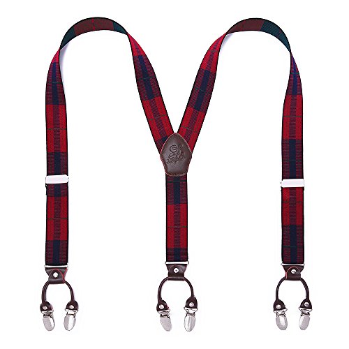 KANGDAI Mens Y Style Adjustable Suspenders Salopette Strong Metal Clips Trouser Braces, Dark Red Stripe, One Size