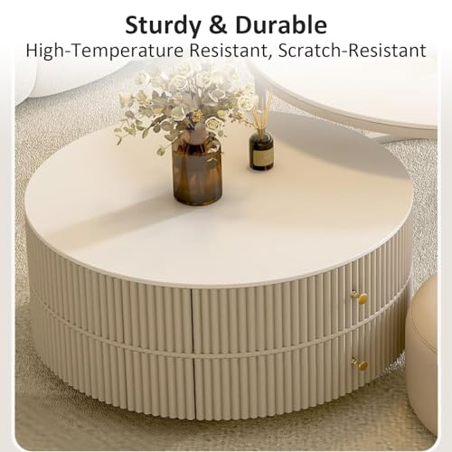 Kadaligh Nesting Coffee Table Set of 2 with Leather Stool - Ivory Wood Circle Embossed Design Coffee Table with 2 Drawers - Round Table with Baking Paint Frame - Thumbnail 4