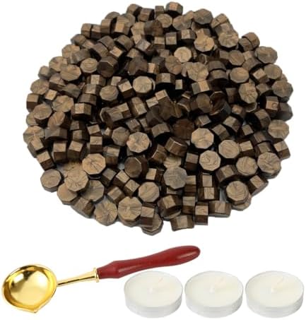 LICQIC Sealing Wax Beads Set, 300 Pcs Wax Seal Beads with 3 Pcs Tea Candles and 1 Pcs Wax Melting Spoon for Wax Stamp Sealing, Red Bronze