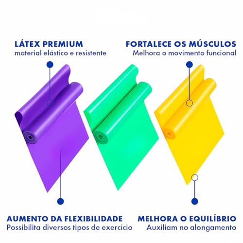 Kit com 3 Faixas de Resistência, Elástico para Exercícios, Fisioterapia, Yoga e Pilates, Fortalecime