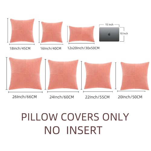 Image of Fancy Homi 2 Packs Coral Samll Decorative Throw Pillow Covers 14x14 Inch with for Couch Bed Sofa, Rustic Farmhouse Boho Home Decor, Soft Corss Patchwork Corduroy Square Peach Cushion Case 35x35 cm