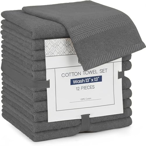 Linteum Zero Twist Washcloths 13x13, 100% Cotton – Stone Grey, 12-Pack