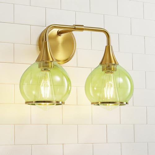 Image of Brushed Gold Bathroom Vanity Light 2-Lights Bathroom Light Fixtures Over Mirror with Green Clear Glass Shade 14 inch Wall Sconce Lighting Bath(Exclude E26 Bulb)