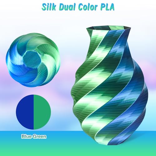 Image of ERYONE Silk Dual Color PLA Filament 3D Printer 1.75mm + /- 0.03mm, Bicolor Filament Two Tone PLA 250g(0.55lbs) Cardboard Spool, Blue Green