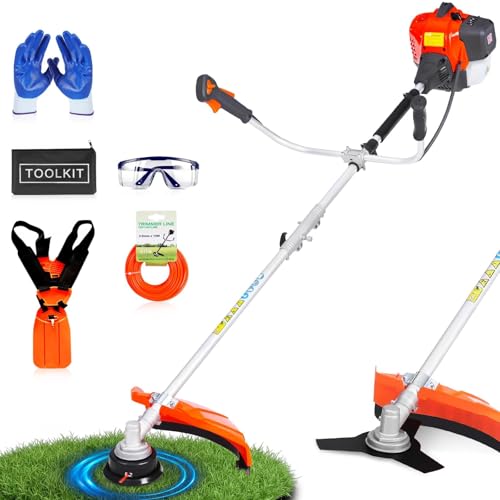 Dnveey 52cc Gas Weed Wacker, 3-in-1 Brush Cutter, String Trimmer & Edger, Heavy-Duty Gas Weed Wacker for Lawn Care, 2-Cycle Engine, Easy Start, 18' Cutting Path for Effortless Yard Care (Orange)