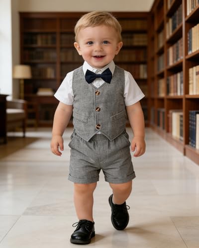 Image of SANGTREE Baby Boy Suit Wedding Ring Bearer Outfits Vest Short Sleeve Bowtie Shirt Suspender Summer Gentleman Shorts Sets