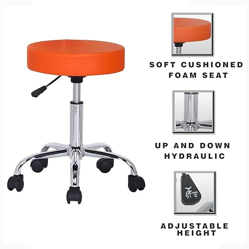 Image of NGFC Doctor Stool with Adjustable Height, Wheels and Bonded Leather Upholstery, Sitting Stools for Doctor /Kitchen /Office /Chair /Cafe /Cafeteria (Orange)