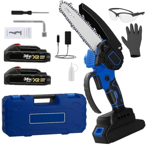 Image of Mini Chainsaw Cordless 6 Inch Cutting Area Wide Heavy Duty Battery Powered Hand Saw gardens farms pastures Wood Working Tool Like Logging Cutting Pruning with Multicolor (Blue)