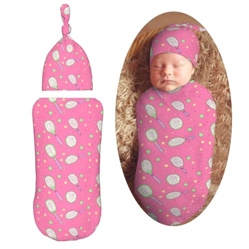Image of Pickleball and Stars Newborn Swaddle Blankets Hat Sets Soft Baby Receiving Blanket Swaddle Sack for Baby Shower Infant Boy Girl Gift