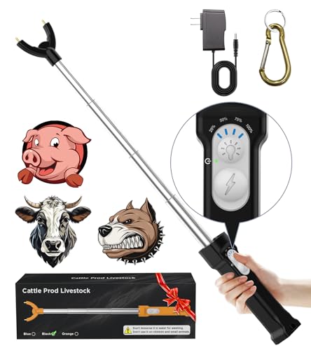 Cattle Prod Rechargeable with Led Light Waterproof Cattle Prod Stick Retractable Cattle Prod Lightweight Pig Cattle Prod Livestock Cow Prod Electric Cattle Prod 37 Inch Black