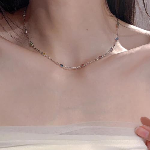 Vintage Colorful Crystal Necklace Multi Color Rhinestone Choker Necklace Multi Crystal Baguette Necklace Tiny Cz Gemstone Station Necklace Jewelry for Women2