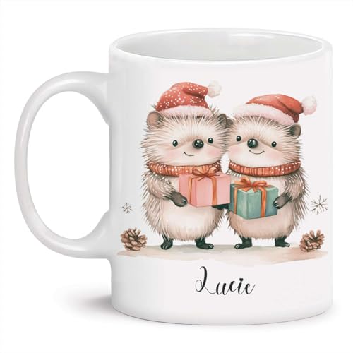 Personalized Christmas Hedgehogs With Gifts Mug, Customized Name Coffee Cup 11oz 15oz, Cute Winter Themed Ceramic Mug, Custom Hedgehog Couple With Santa Hats Mug, Animal White Cup