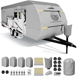 Travel Trailer RV Cover 18-20ft, Rv Trailer Cover Multi-Layer Breathable Rip-Stop Camper Cover with Water-Resistant Coating, Repair Kit, Gutter Protection, Tire Straps